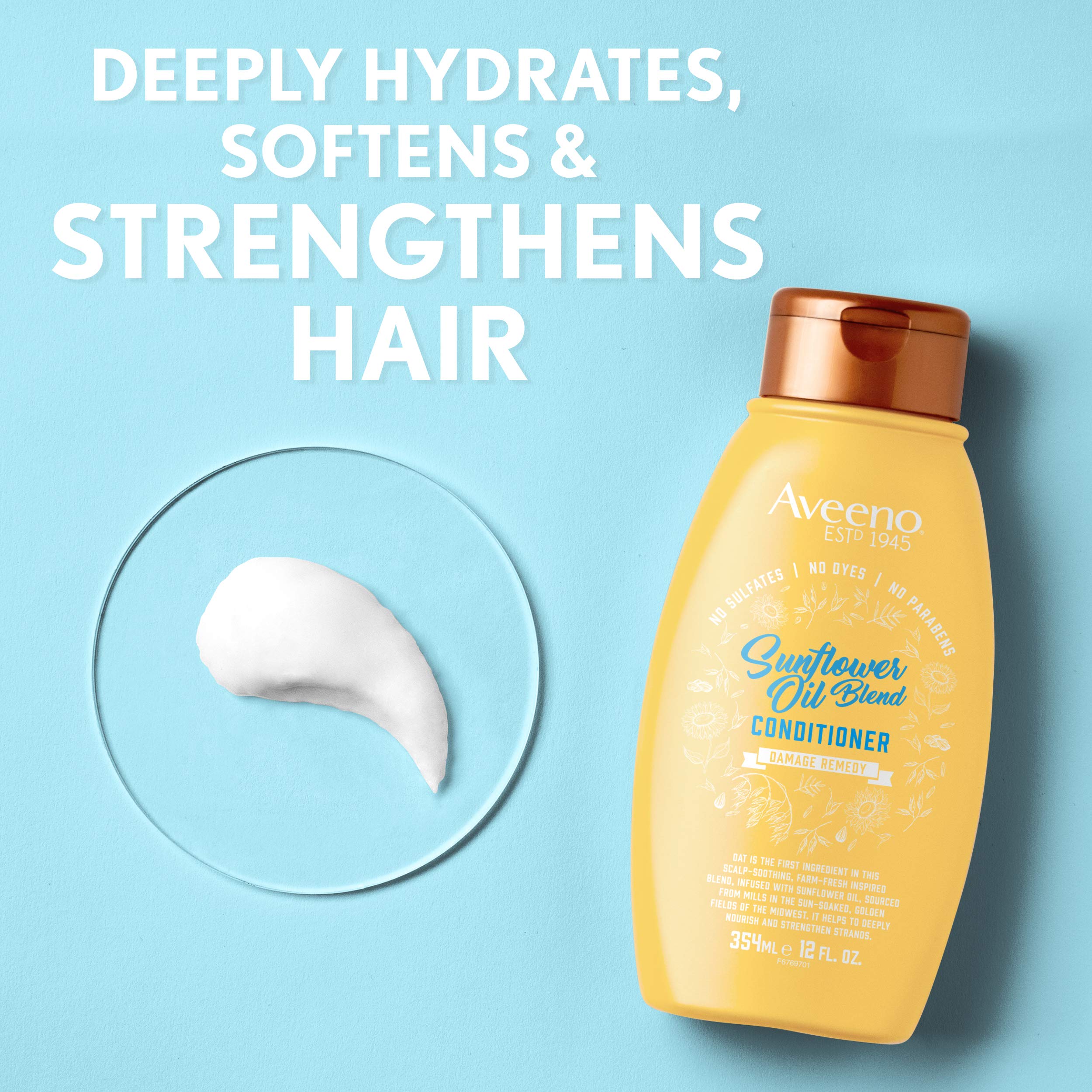 Aveeno Sunflower Oil Blend Conditioner, for Dry Damaged Hair, Dye, Paraben & Sulfate Surfactants Free, 12oz